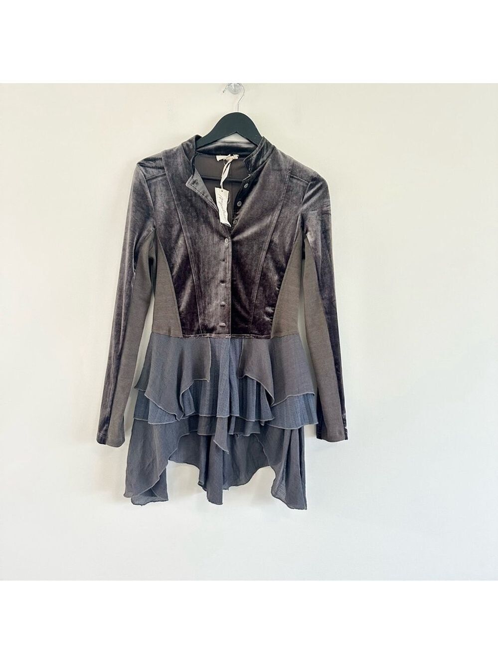 Mystree Military Style Velvet Mixed Media Asymmetrical Hem Jacket Small Ruffles